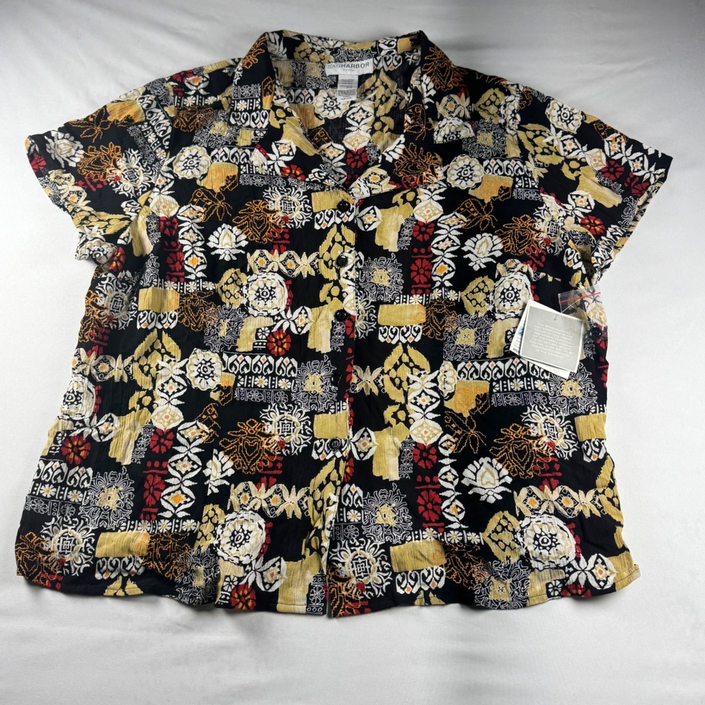 Sag Harbor Woman NWT Batik Print Button Up Shirt Black Gold Red 20W T64230KH
